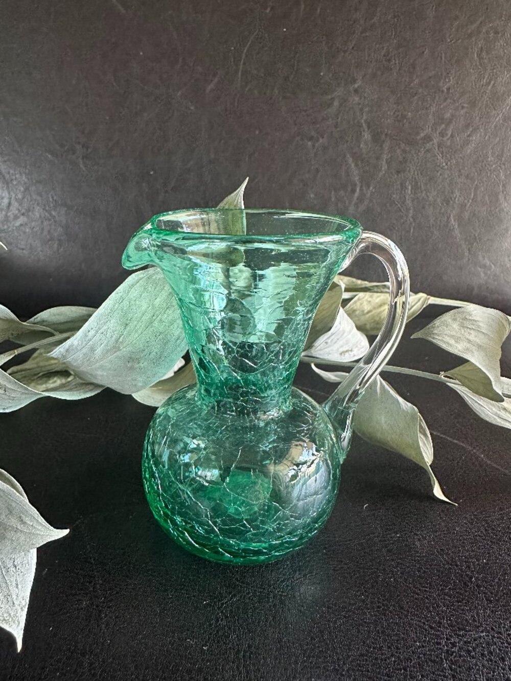 Blenko Hand-Blown Teal Crackle Glass Creamer/Mini 3" Pitcher MCM 1960's USA